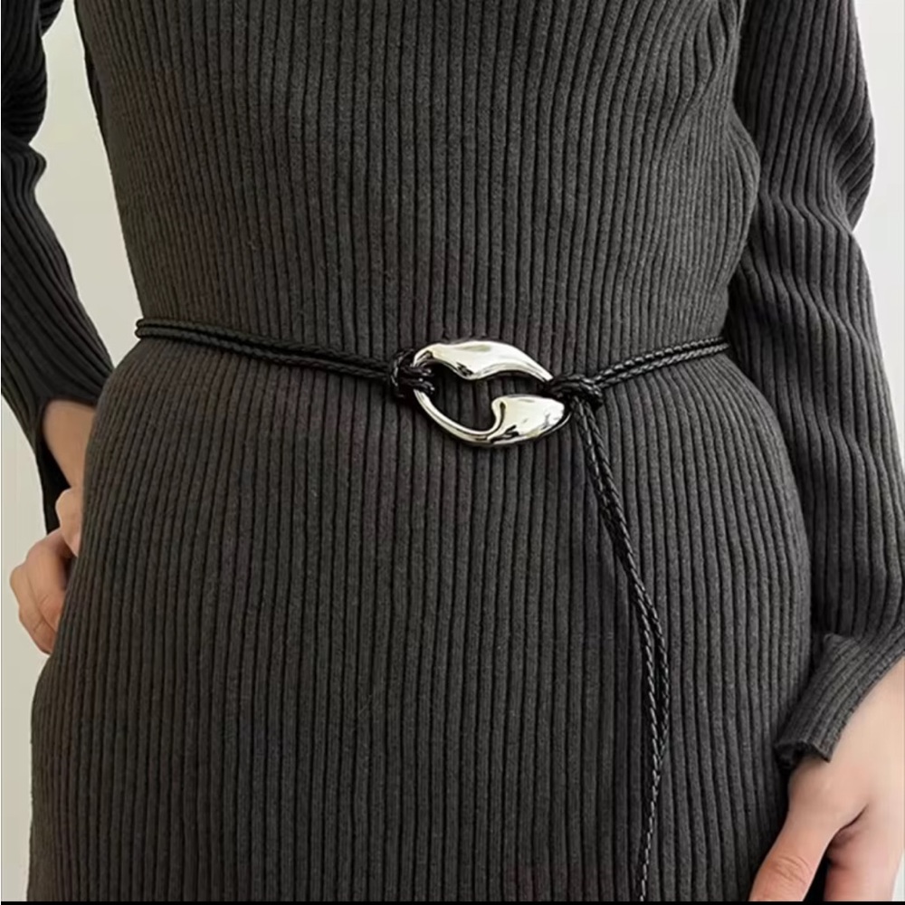 Sculptural Silver Clasp Black Adjustable Waist Tie Braided Belt